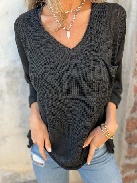 Women's Solid Color V-Neck 3/4 Sleeve Casual Loose Knit Top