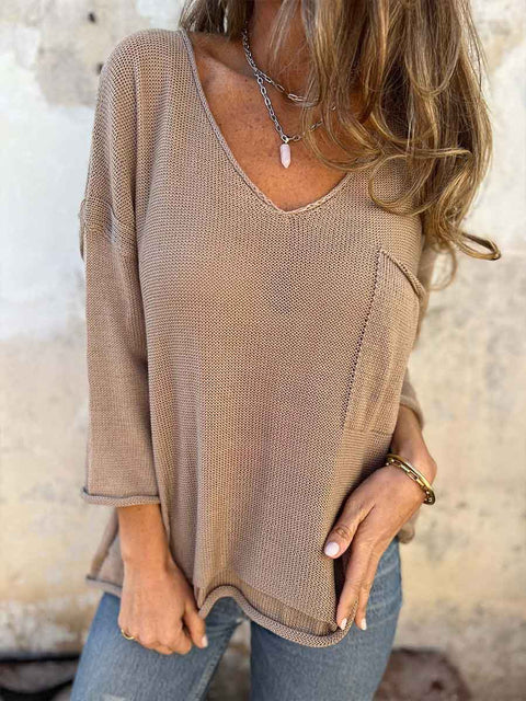 Women's Solid Color V-Neck 3/4 Sleeve Casual Loose Knit Top