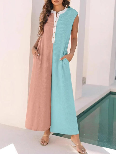 Women's V-neck Sleeveless Contrast Color Stitching Casual Wide-leg Jumpsuit