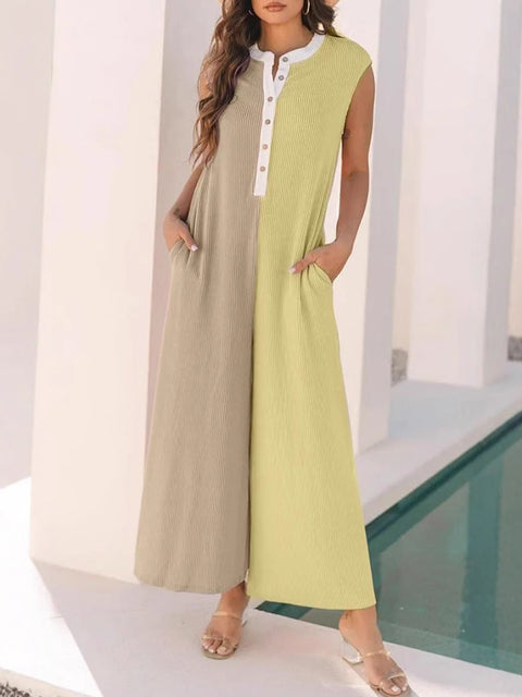 Women's V-neck Sleeveless Contrast Color Stitching Casual Wide-leg Jumpsuit