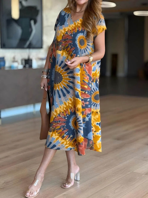 Women's V-neck Short Sleeve Abstract Print Casual Cotton and Linen Loose Dress
