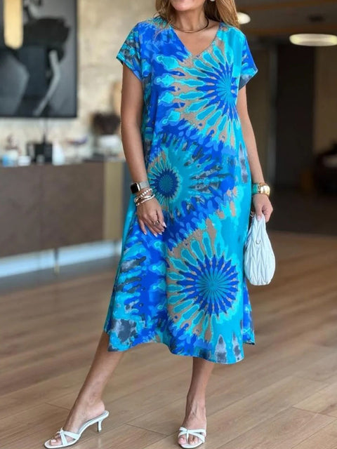 Women's V-neck Short Sleeve Abstract Print Casual Cotton and Linen Loose Dress
