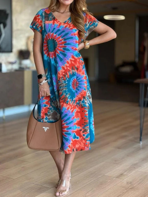 Women's V-neck Short Sleeve Abstract Print Casual Cotton and Linen Loose Dress