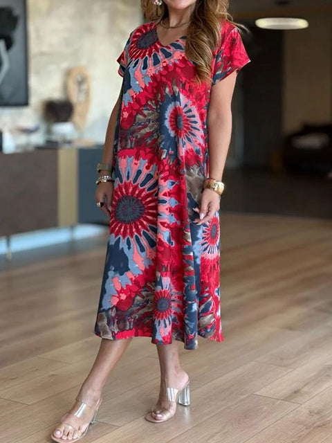 Women's V-neck Short Sleeve Abstract Print Casual Cotton and Linen Loose Dress