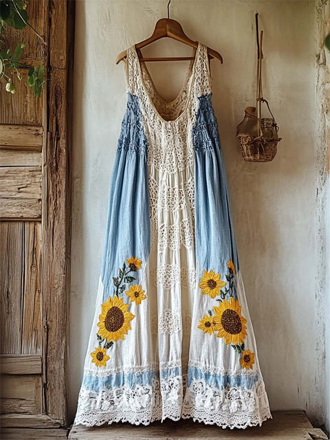 Women's V-neck Sleeveless Cotton Hollow Embroidery Paneled Vest Dress