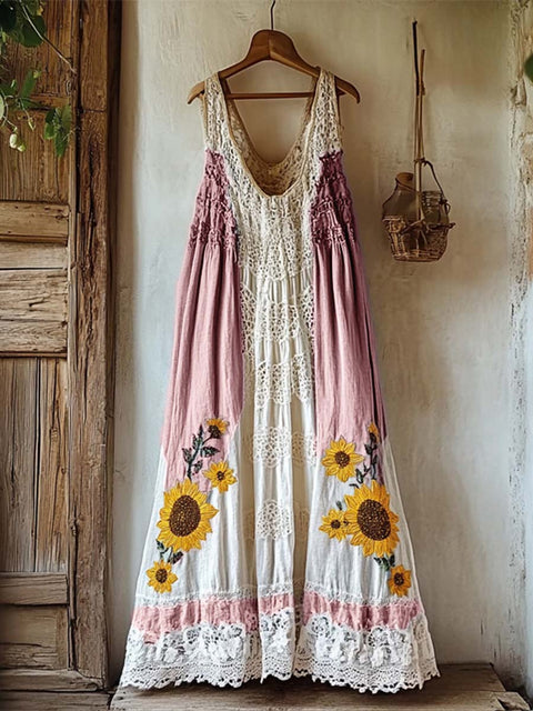 Women's V-neck Sleeveless Cotton Hollow Embroidery Paneled Vest Dress