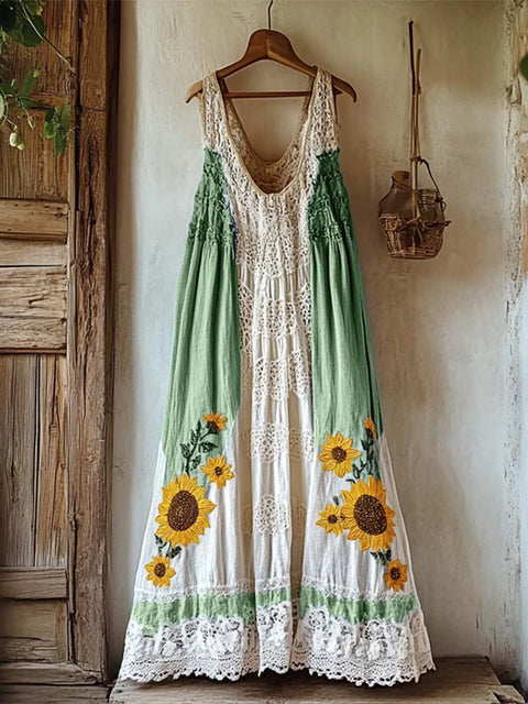 Women's V-neck Sleeveless Cotton Hollow Embroidery Paneled Vest Dress