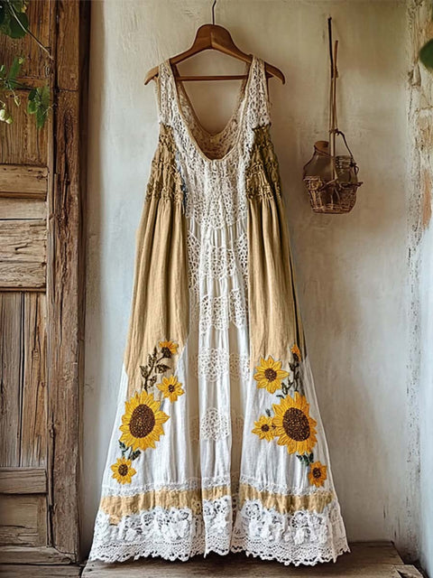 Women's V-neck Sleeveless Cotton Hollow Embroidery Paneled Vest Dress