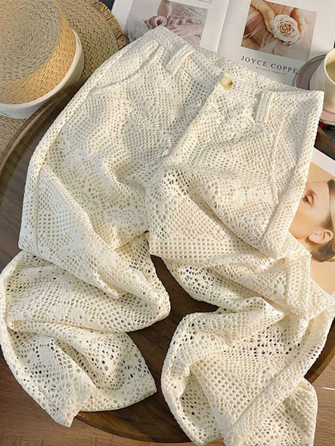 Women's High-Waisted Hollow Lace Solid Color Casual Wide-Leg Pants