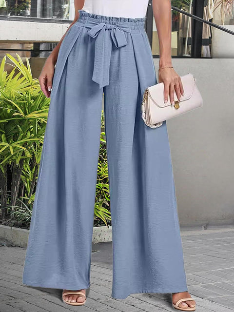 Women's Solid Color High-Waisted Lace-Up Casual Cotton and Linen Wide-Leg Pants