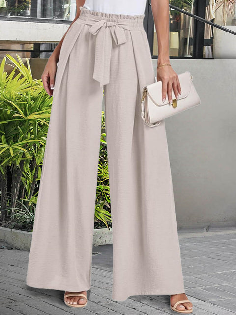 Women's Solid Color High-Waisted Lace-Up Casual Cotton and Linen Wide-Leg Pants