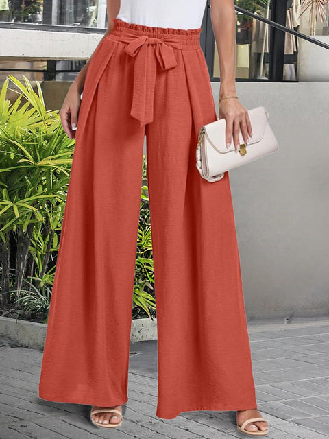 Women's Solid Color High-Waisted Lace-Up Casual Cotton and Linen Wide-Leg Pants