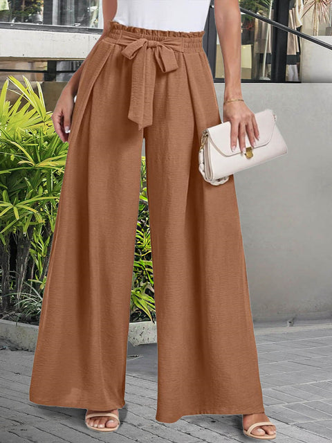 Women's Solid Color High-Waisted Lace-Up Casual Cotton and Linen Wide-Leg Pants