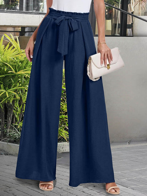Women's Solid Color High-Waisted Lace-Up Casual Cotton and Linen Wide-Leg Pants