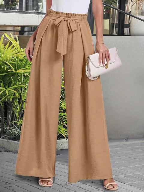 Women's Solid Color High-Waisted Lace-Up Casual Cotton and Linen Wide-Leg Pants
