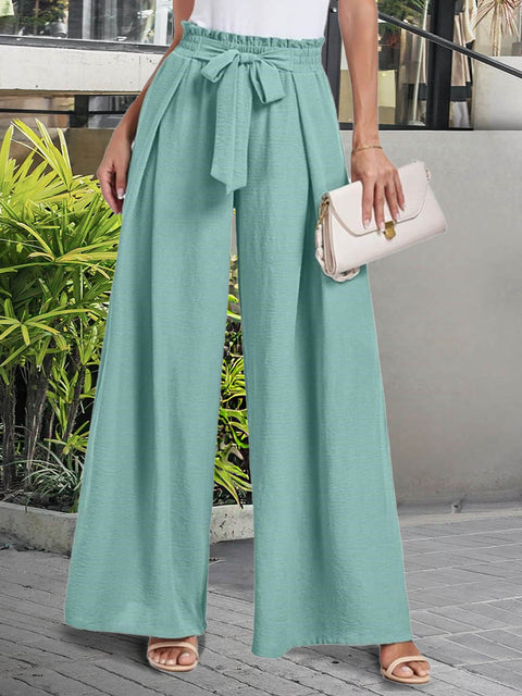 Women's Solid Color High-Waisted Lace-Up Casual Cotton and Linen Wide-Leg Pants