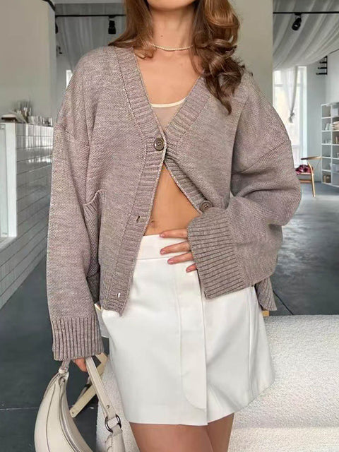 Women's Solid Color V-Neck Long Sleeve Casual Loose Cardigan Sweater