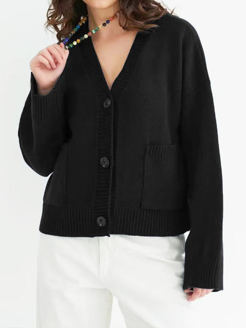 Women's Solid Color V-Neck Long Sleeve Casual Loose Cardigan Sweater