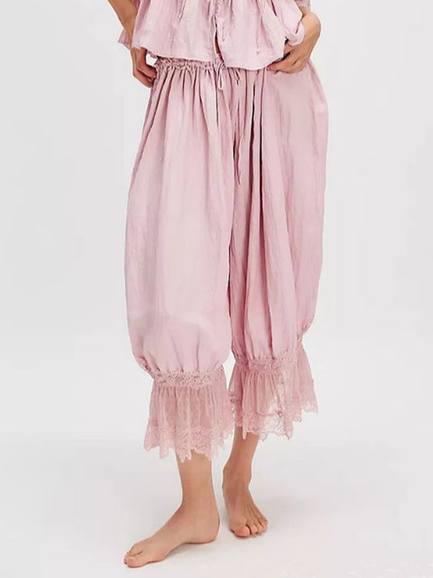 Women's Solid Color Elastic Waist Lace Stitching Casual Cotton and Linen Lantern Capri Pants