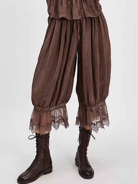 Women's Solid Color Elastic Waist Lace Stitching Casual Cotton and Linen Lantern Capri Pants