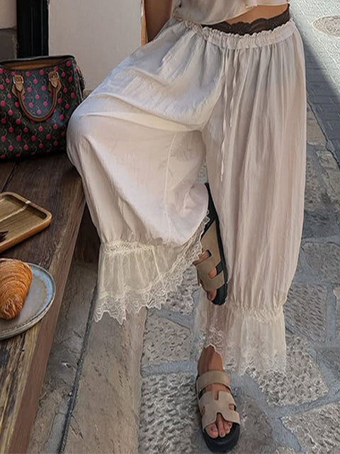 Women's Solid Color Elastic Waist Lace Stitching Casual Cotton and Linen Lantern Capri Pants