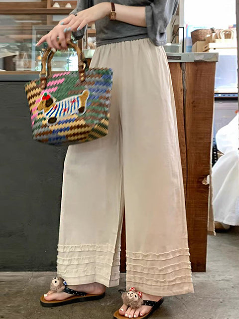 Women's Solid Color Elastic Waist Ruffled Casual Cotton and Linen Wide-Leg Pants
