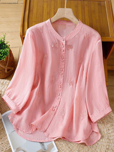 Women's Stand Collar 3/4 Sleeve Casual Cotton and Linen Exquisitely Embroidered Top