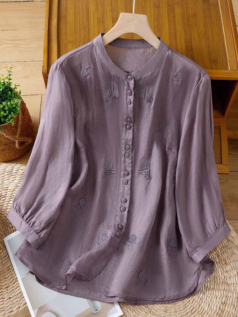Women's Stand Collar 3/4 Sleeve Casual Cotton and Linen Exquisitely Embroidered Top