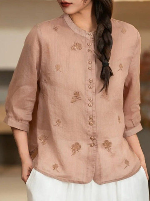Women's Stand Collar 3/4 Sleeve Casual Cotton and Linen Exquisitely Embroidered Top