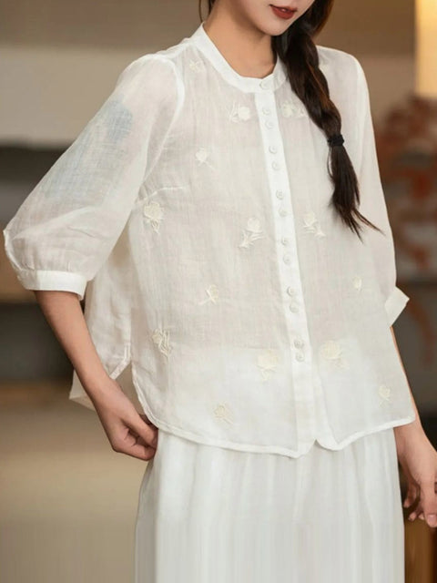 Women's Stand Collar 3/4 Sleeve Casual Cotton and Linen Exquisitely Embroidered Top