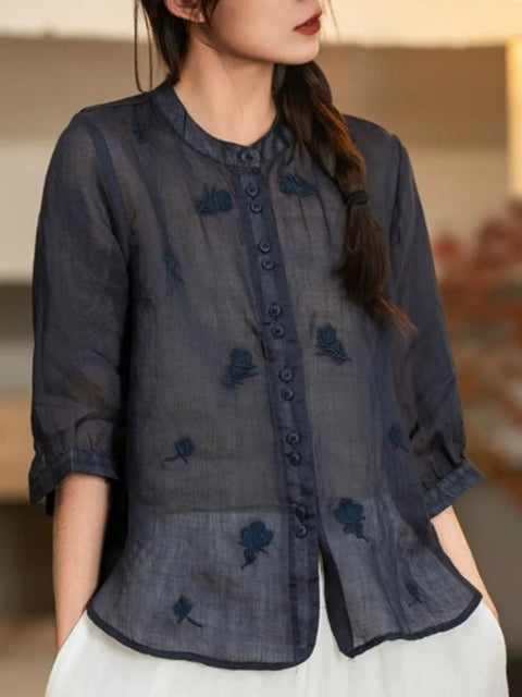 Women's Stand Collar 3/4 Sleeve Casual Cotton and Linen Exquisitely Embroidered Top