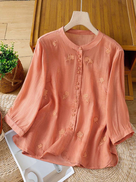 Women's Stand Collar 3/4 Sleeve Casual Cotton and Linen Exquisitely Embroidered Top