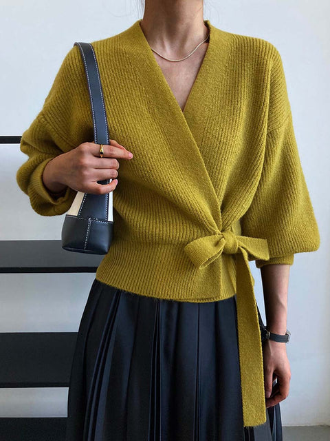 Women's Solid Color V-Neck Long Sleeve Casual Lace-Up Loose Sweater