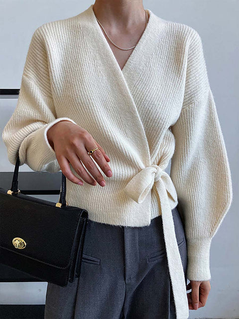 Women's Solid Color V-Neck Long Sleeve Casual Lace-Up Loose Sweater