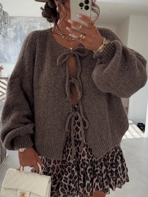 Women's Crew Neck Long Sleeve Casual Loose Solid Color Cardigan Sweater