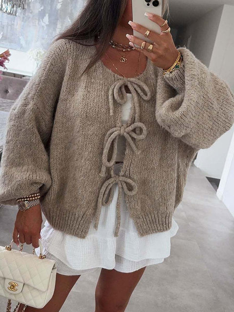 Women's Crew Neck Long Sleeve Casual Loose Solid Color Cardigan Sweater