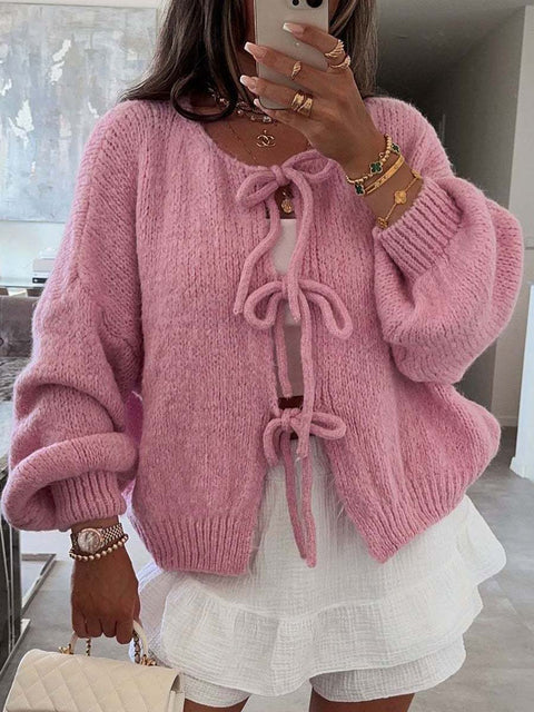 Women's Crew Neck Long Sleeve Casual Loose Solid Color Cardigan Sweater