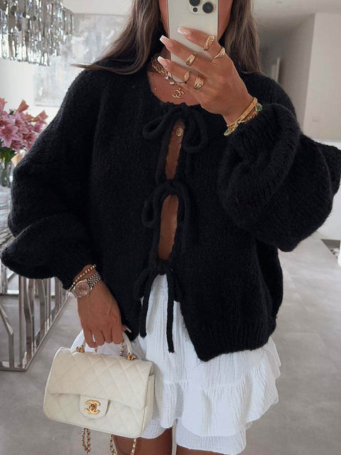 Women's Crew Neck Long Sleeve Casual Loose Solid Color Cardigan Sweater