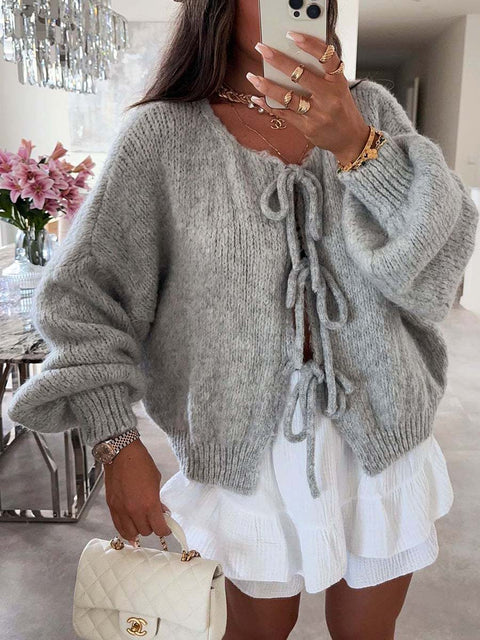 Women's Crew Neck Long Sleeve Casual Loose Solid Color Cardigan Sweater
