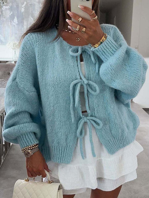 Women's Crew Neck Long Sleeve Casual Loose Solid Color Cardigan Sweater