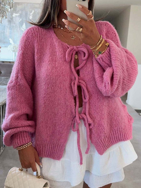Women's Crew Neck Long Sleeve Casual Loose Solid Color Cardigan Sweater
