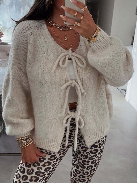 Women's Crew Neck Long Sleeve Casual Loose Solid Color Cardigan Sweater