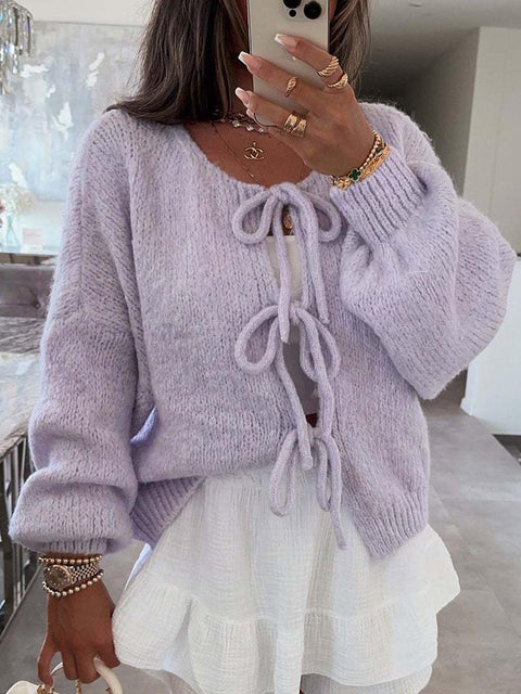 Women's Crew Neck Long Sleeve Casual Loose Solid Color Cardigan Sweater