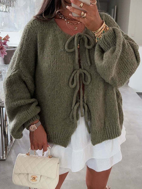 Women's Crew Neck Long Sleeve Casual Loose Solid Color Cardigan Sweater