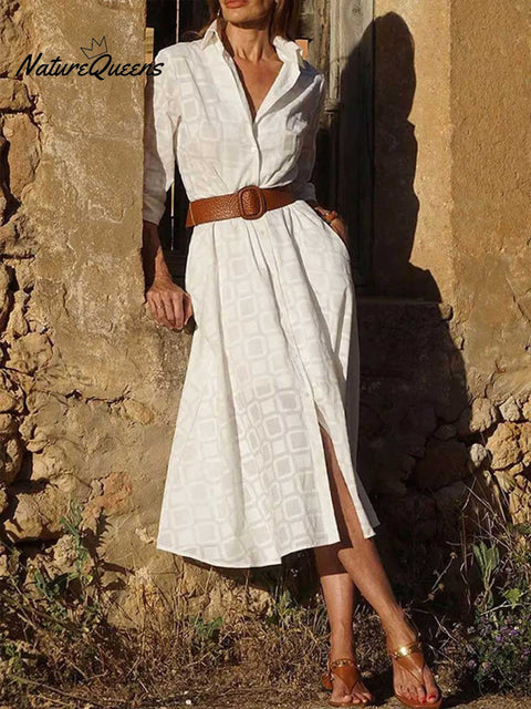 Women's Geometric Print Lapel 3/4 Sleeve Casual Cotton and Linen Shirt Dress