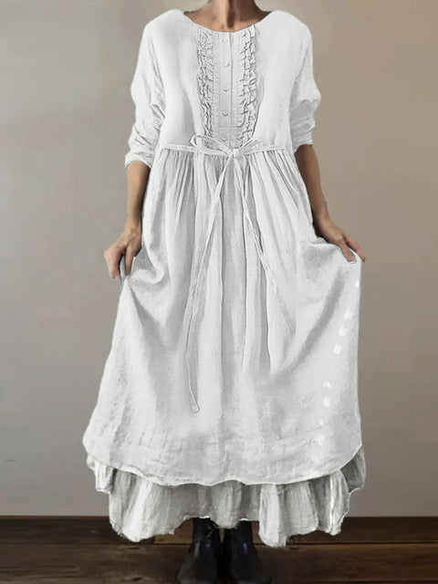 Women's Solid Color Round Neck Long Sleeve Casual Loose Tie-Drawstring Dress