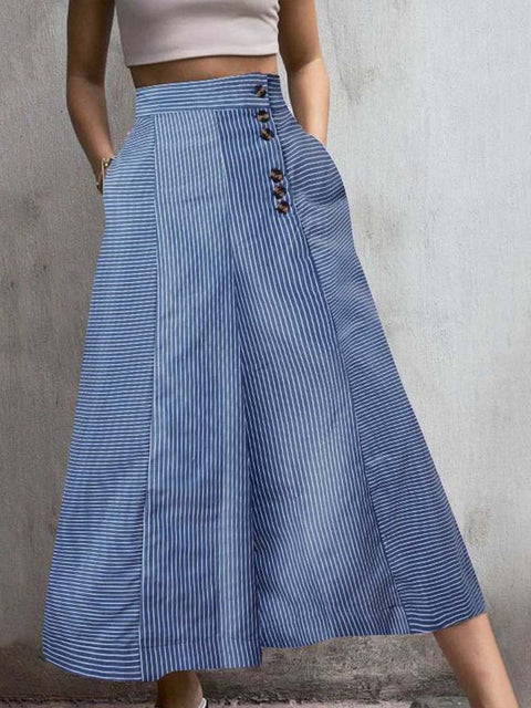 Women's High-Waisted Striped Printed Casual Cotton and Linen Wide-Leg Pants