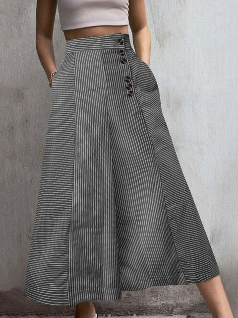 Women's High-Waisted Striped Printed Casual Cotton and Linen Wide-Leg Pants
