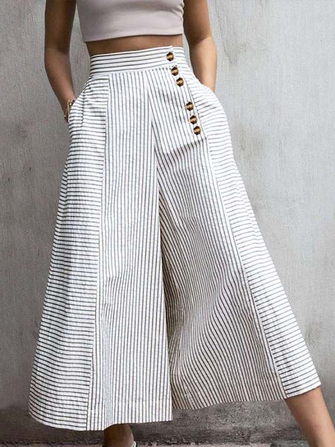 Women's High-Waisted Striped Printed Casual Cotton and Linen Wide-Leg Pants