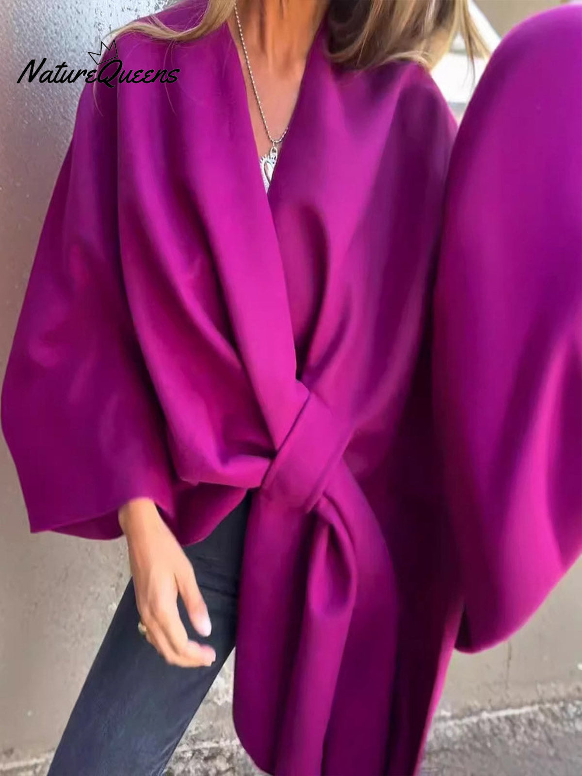 Women's Solid Color Three-Quarter Sleeve Versatile Warm Cape Shawl Coat
